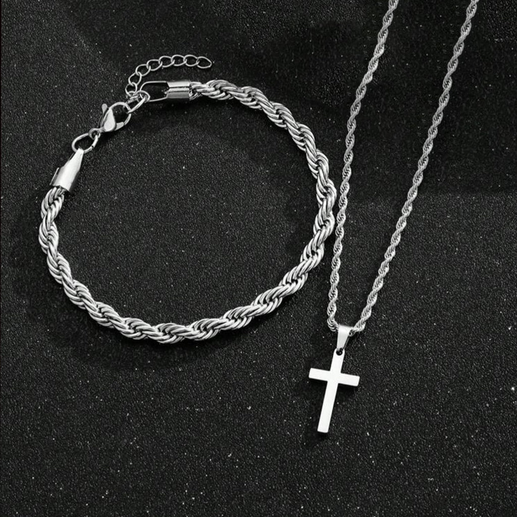 Two-piece Cuban-hair Twist Chain Cross Pendant Bracelet