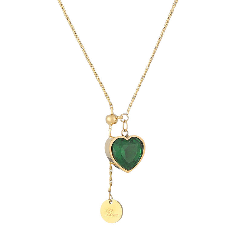 Emerald Diamond Heart Titanium Steel Necklace For Women