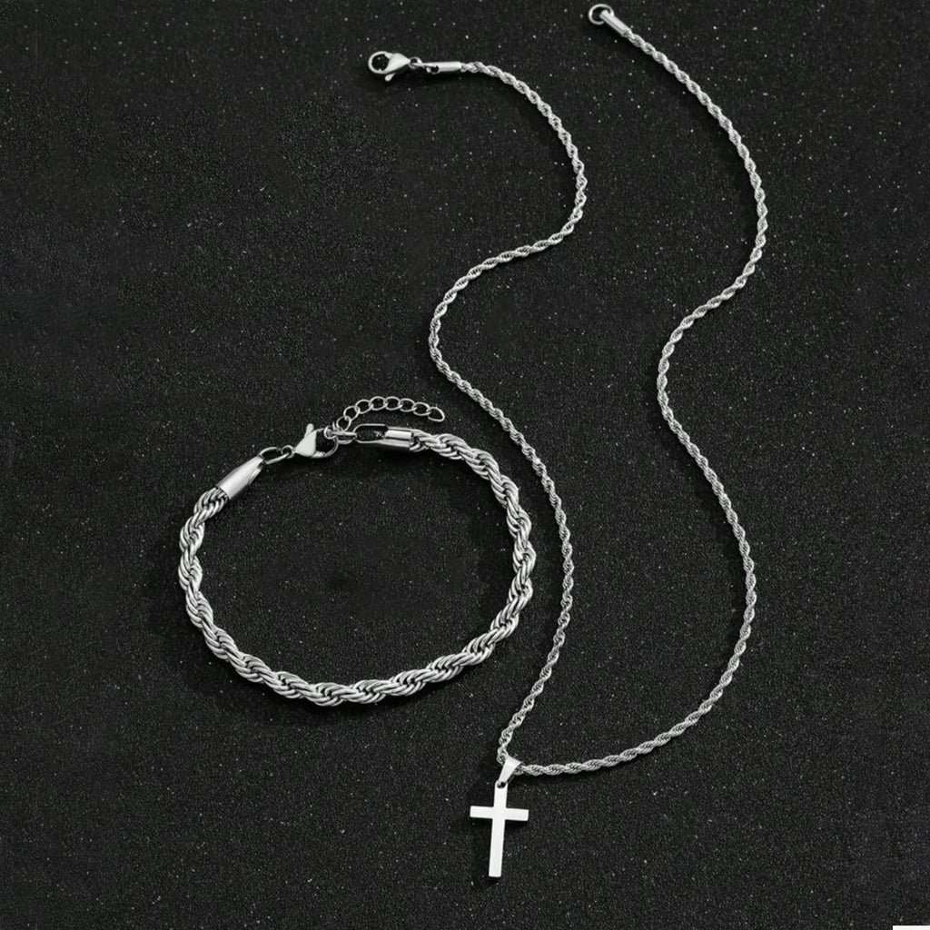 Two-piece Cuban-hair Twist Chain Cross Pendant Bracelet
