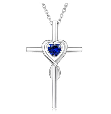 Cute Necklace With Twelve Birthstone Cross And Heart Pendant