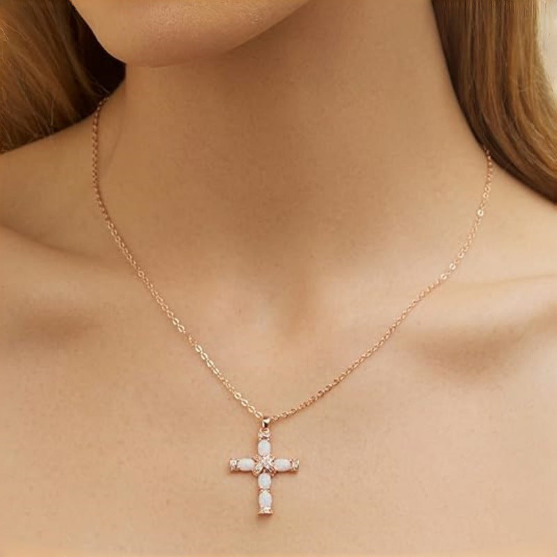 Womens Opal-Imitation Cross Pendant Necklace