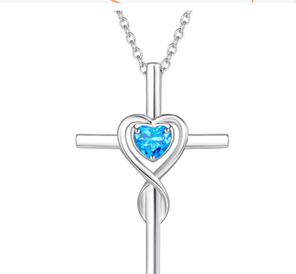 Cute Necklace With Twelve Birthstone Cross And Heart Pendant