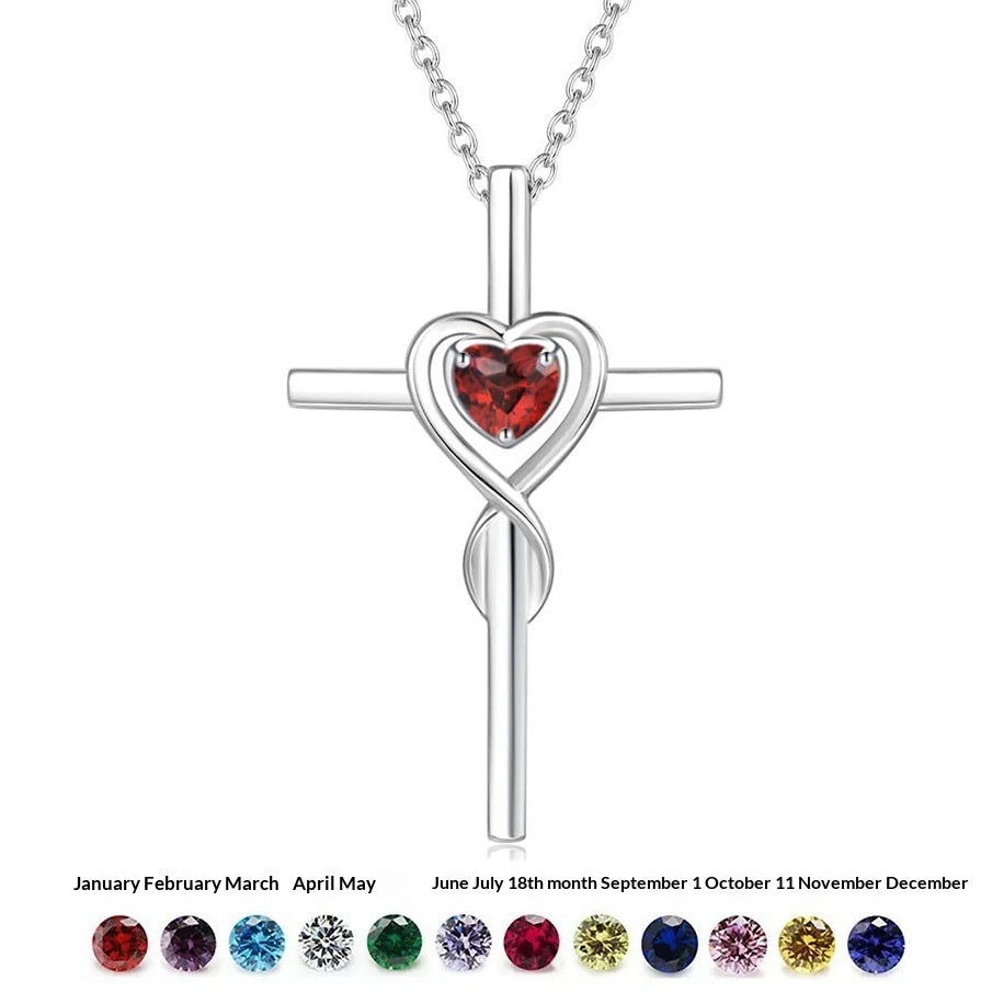 Cute Necklace With Twelve Birthstone Cross And Heart Pendant