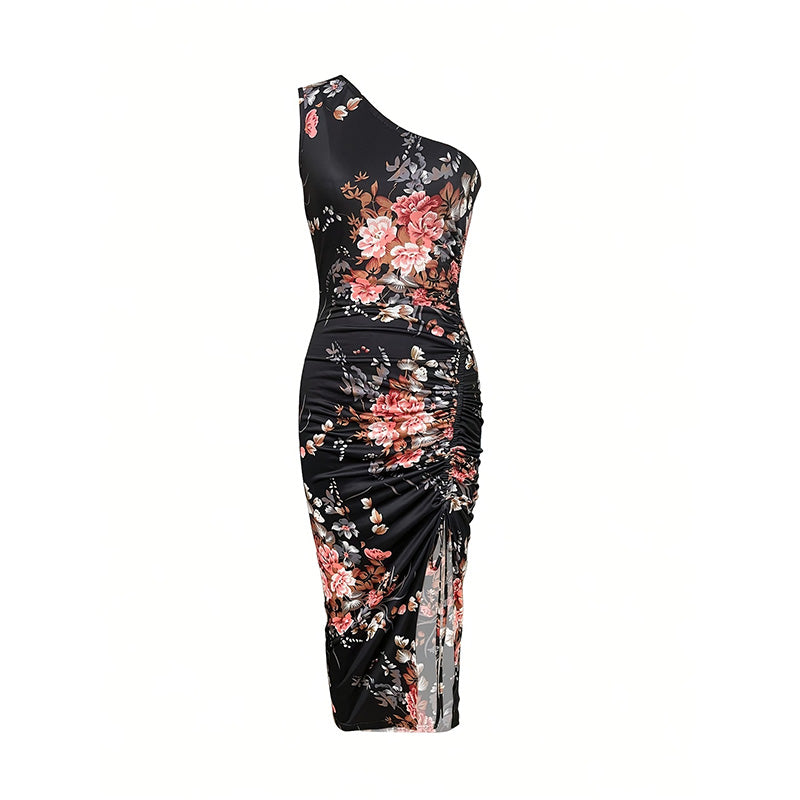 Women's One Shoulder Bodycon Dresses Summer 2025 Ruched High Split Floral Beach Cocktail Wedding Guest Dress