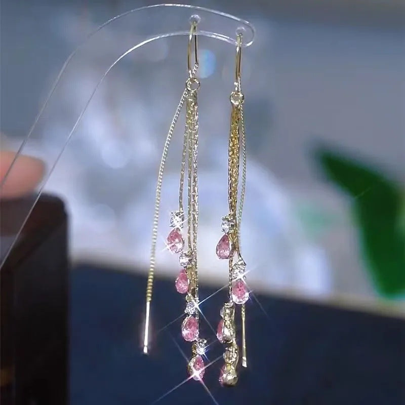 Elegant Blue Waterdrop Long Tassel Ear Threads