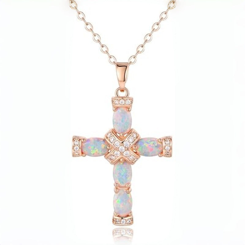 Womens Opal-Imitation Cross Pendant Necklace