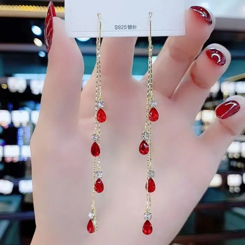 Elegant Blue Waterdrop Long Tassel Ear Threads