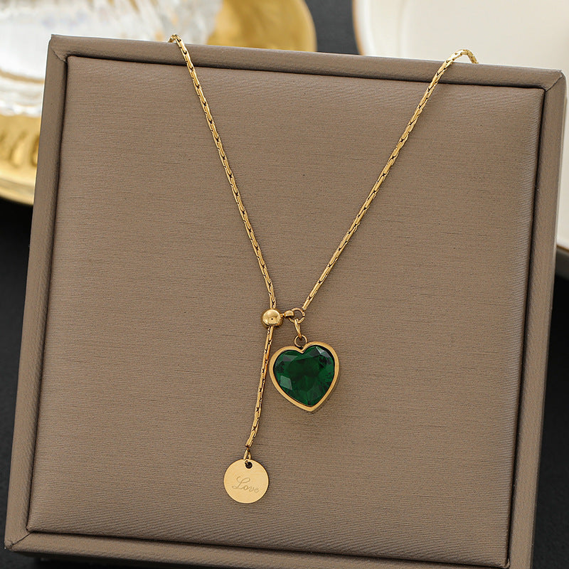 Emerald Diamond Heart Titanium Steel Necklace For Women