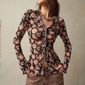 Women Button Down Floral Shirts 2025 Fall Trendy Long Sleeve V Neck Ruched Fitted Blouse Tops