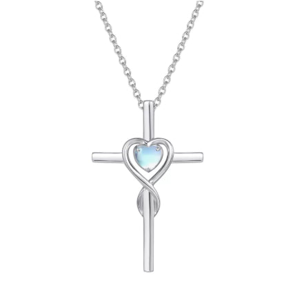 Cute Necklace With Twelve Birthstone Cross And Heart Pendant