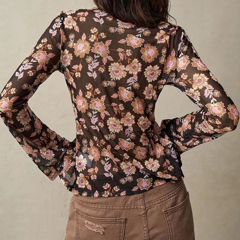 Women Button Down Floral Shirts 2025 Fall Trendy Long Sleeve V Neck Ruched Fitted Blouse Tops
