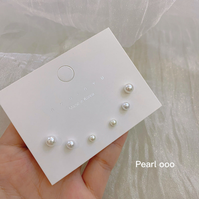 Gentle Temperament Perfect Circle Pearl Earings Set Mini Women